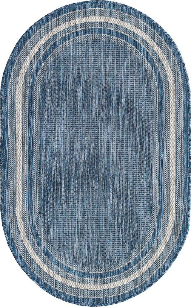 Blue 3' 1 x 5' 3 Outdoor Border Oval Area Rug Weather Resistant for Patio, Deck, Terrace, Balcony, Porch