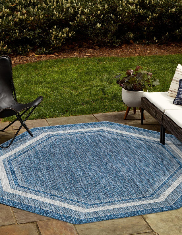 Blue 5' 3 x 5' 3 Outdoor Border Octagon Area Rug Weather Resistant for Patio, Deck, Terrace, Balcony, Porch 100% Polypropylene Classic Bordered Carpet for Sale at Rug Engine
