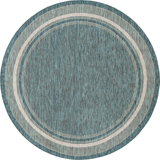 Teal 7' 10 x 7' 10 Outdoor Border Round Area Rug Weather Resistant for Patio, Deck, Terrace, Balcony, Porch 100% Polypropylene Classic Bordered Carpet for Sale at Rug Engine