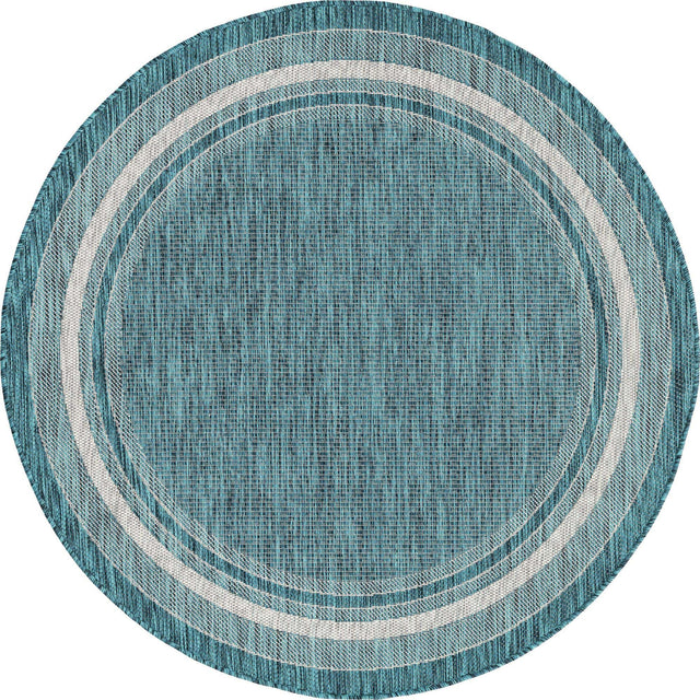 Teal 5' 3 x 5' 3 Outdoor Border Round Area Rug Weather Resistant for Patio, Deck, Terrace, Balcony, Porch 100% Polypropylene Classic Bordered Carpet for Sale at Rug Engine