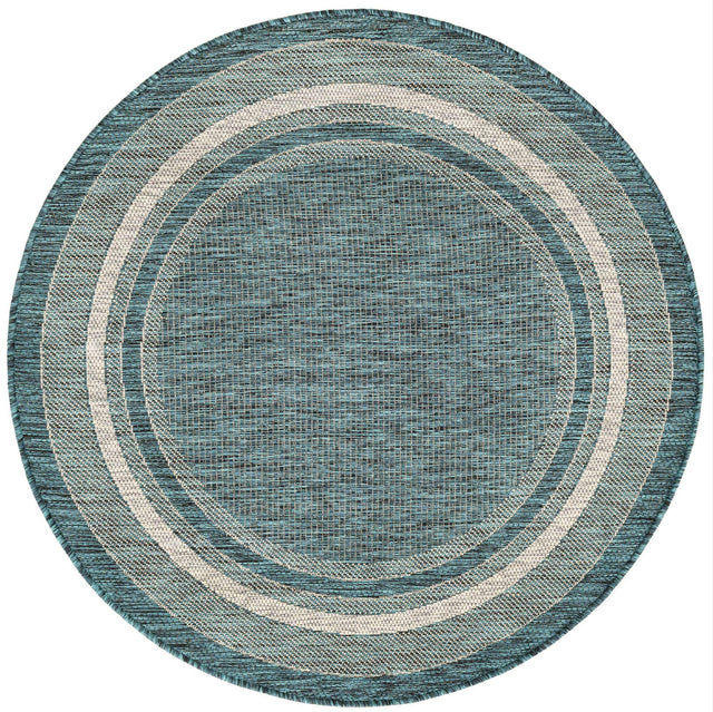 Teal 4' 1 x 4' 1 Outdoor Border Round Area Rug Weather Resistant for Patio, Deck, Terrace, Balcony, Porch 100% Polypropylene Classic Bordered Carpet for Sale at Rug Engine