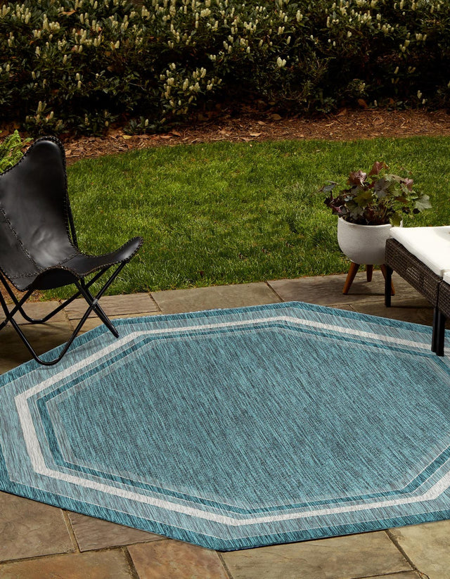 Teal 5' 3 x 5' 3 Outdoor Border Octagon Area Rug Weather Resistant for Patio, Deck, Terrace, Balcony, Porch 100% Polypropylene Classic Bordered Carpet for Sale at Rug Engine
