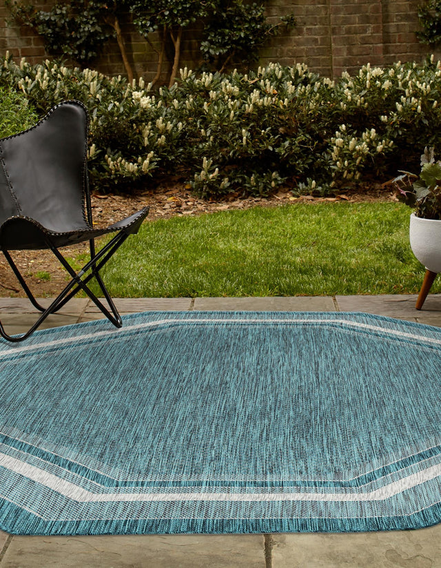 Teal 5' 3 x 5' 3 Outdoor Border Octagon Area Rug Weather Resistant for Patio, Deck, Terrace, Balcony, Porch 100% Polypropylene Classic Bordered Carpet for Sale at Rug Engine