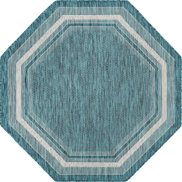 Teal 5' 3 x 5' 3 Outdoor Border Octagon Area Rug Weather Resistant for Patio, Deck, Terrace, Balcony, Porch 100% Polypropylene Classic Bordered Carpet for Sale at Rug Engine