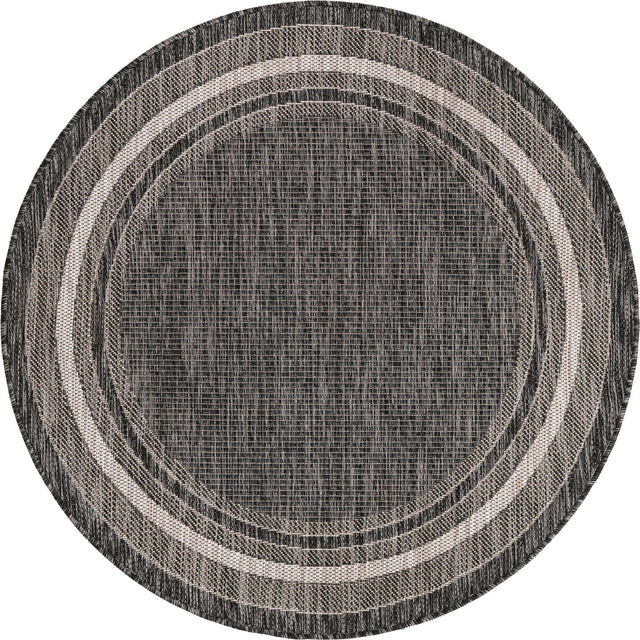 Black 4' 1 x 4' 1 Outdoor Border Round Area Rug Weather Resistant for Patio, Deck, Terrace, Balcony, Porch 100% Polypropylene Classic Bordered Carpet for Sale at Rug Engine