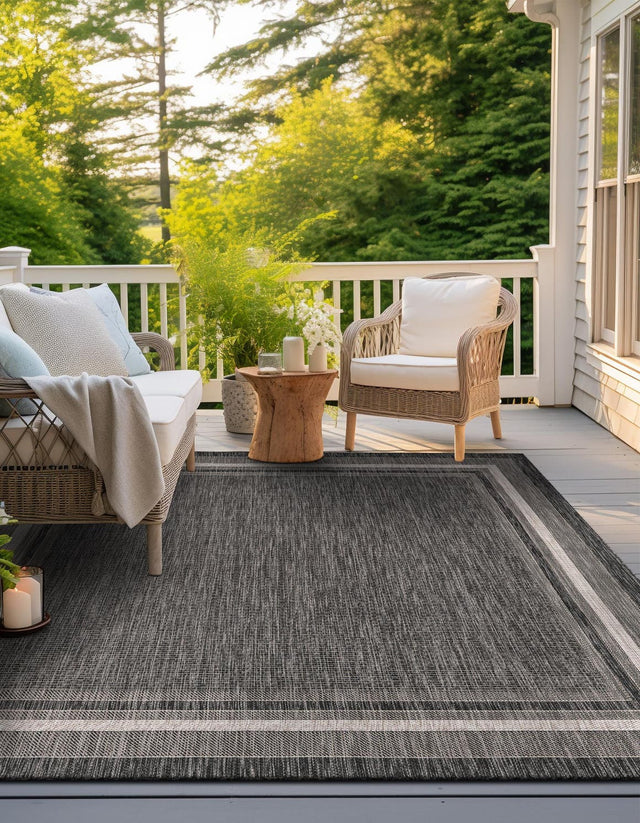 Black 10' x 10' Outdoor Border Square Area Rug Weather Resistant for Patio, Deck, Terrace, Balcony, Porch 100% Polypropylene Classic Bordered Carpet for Sale at Rug Engine