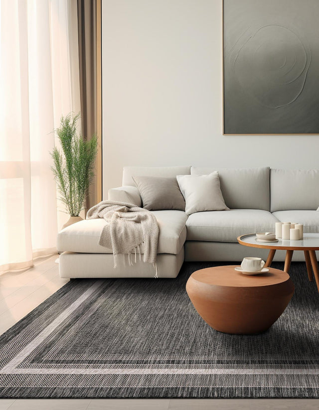 Black 10' x 10' Outdoor Border Square Area Rug Weather Resistant for Patio, Deck, Terrace, Balcony, Porch 100% Polypropylene Classic Bordered Carpet for Sale at Rug Engine