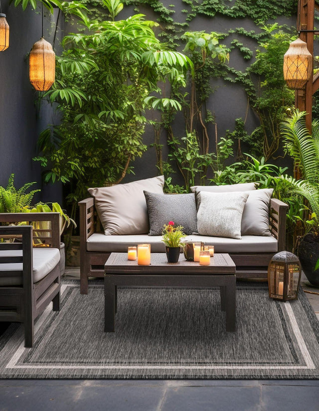 Black 10' x 10' Outdoor Border Square Area Rug Weather Resistant for Patio, Deck, Terrace, Balcony, Porch 100% Polypropylene Classic Bordered Carpet for Sale at Rug Engine