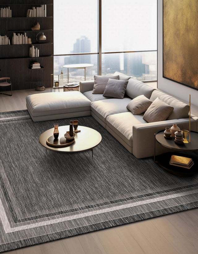 Black 10' x 10' Outdoor Border Square Area Rug Weather Resistant for Patio, Deck, Terrace, Balcony, Porch 100% Polypropylene Classic Bordered Carpet for Sale at Rug Engine