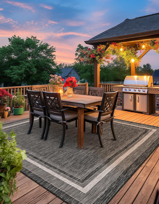 Black 6' 1 x 6' 1 Outdoor Border Square Area Rug Weather Resistant for Patio, Deck, Terrace, Balcony, Porch 100% Polypropylene Classic Bordered Carpet for Sale at Rug Engine