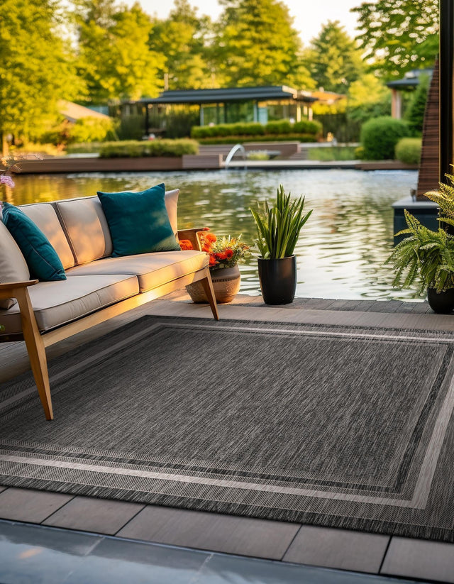 Black 7' 10 x 7' 10 Outdoor Border Square Area Rug Weather Resistant for Patio, Deck, Terrace, Balcony, Porch 100% Polypropylene Classic Bordered Carpet for Sale at Rug Engine