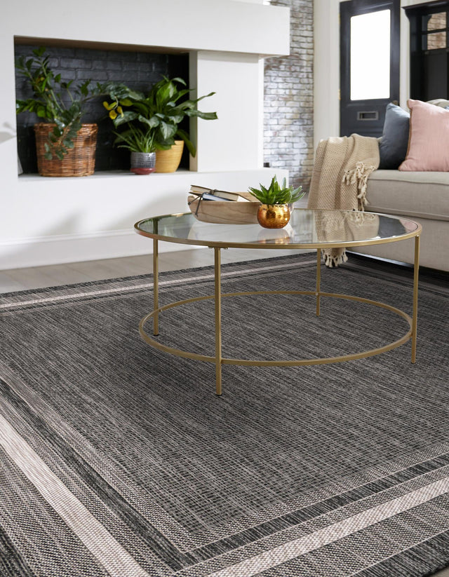 Black 7' 10 x 7' 10 Outdoor Border Square Area Rug Weather Resistant for Patio, Deck, Terrace, Balcony, Porch 100% Polypropylene Classic Bordered Carpet for Sale at Rug Engine