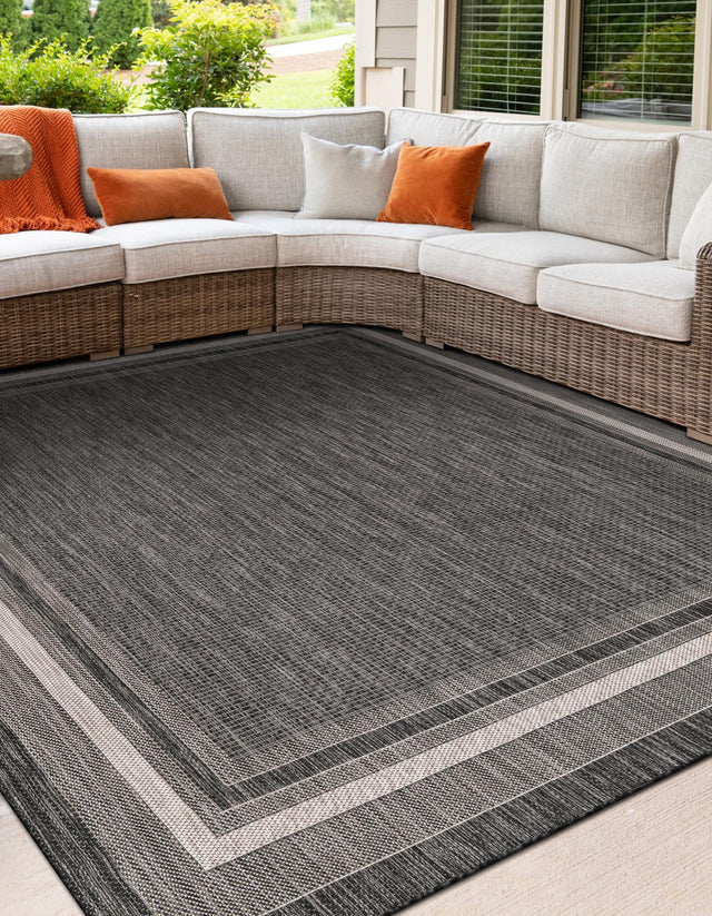 Black 6' 1 x 6' 1 Outdoor Border Square Area Rug Weather Resistant for Patio, Deck, Terrace, Balcony, Porch 100% Polypropylene Classic Bordered Carpet for Sale at Rug Engine