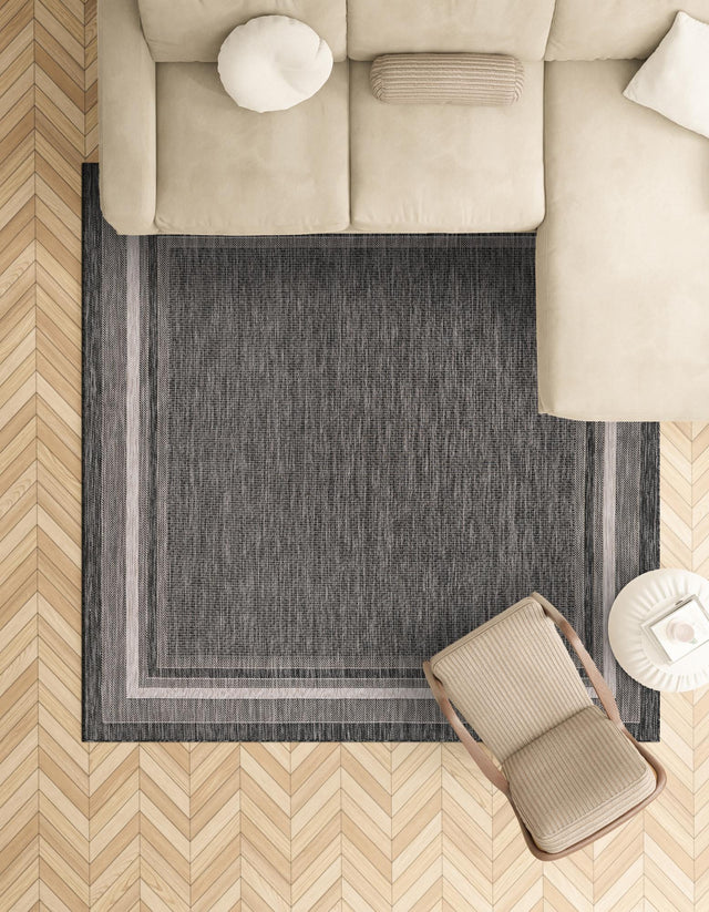 Black 6' 1 x 6' 1 Outdoor Border Square Area Rug Weather Resistant for Patio, Deck, Terrace, Balcony, Porch 100% Polypropylene Classic Bordered Carpet for Sale at Rug Engine