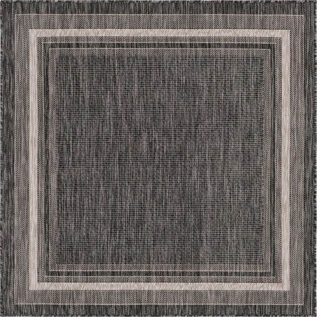 Black 5' 3 x 5' 3 Outdoor Border Square Area Rug Weather Resistant for Patio, Deck, Terrace, Balcony, Porch 100% Polypropylene Classic Bordered Carpet for Sale at Rug Engine