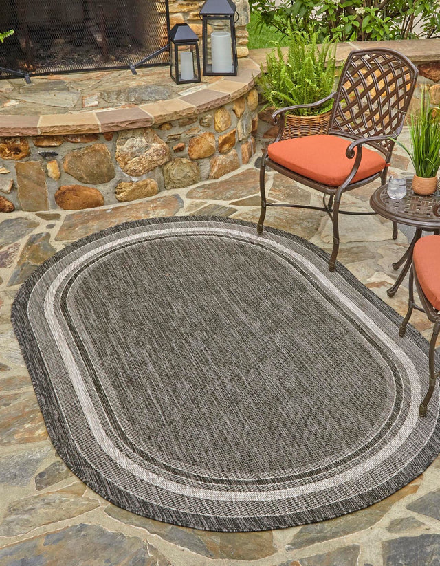 Black 5' 3 x 8' Outdoor Border Oval Area Rug Weather Resistant for Patio, Deck, Terrace, Balcony, Porch 100% Polypropylene Classic Bordered Carpet for Sale at Rug Engine