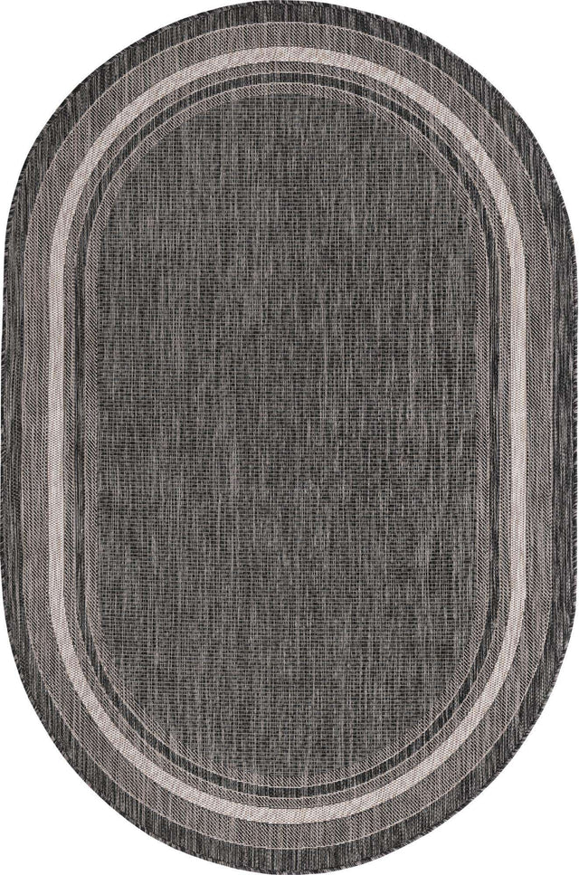 Black 5' 3 x 8' Outdoor Border Oval Area Rug Weather Resistant for Patio, Deck, Terrace, Balcony, Porch 100% Polypropylene Classic Bordered Carpet for Sale at Rug Engine