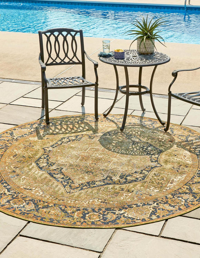Green 7' 10 x 7' 10 Outdoor Traditional Round Area Rug Weather Resistant for Patio, Deck, Terrace, Balcony, Porch Classical Design Outside Carpet for Sale at Rug Engine