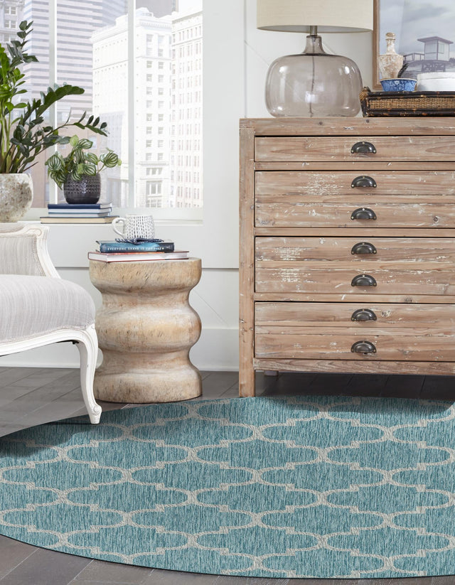 Aquamarine 4' 1 x 4' 1 Outdoor Trellis Round Area Rug Weather Resistant for Patio, Deck, Terrace, Balcony, Porch Geometric Design Water Safe Outside Carpet for Sale at Rug Engine