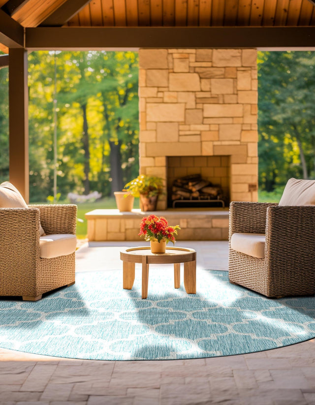 Aquamarine 4' 1 x 4' 1 Outdoor Trellis Round Area Rug Weather Resistant for Patio, Deck, Terrace, Balcony, Porch Geometric Design Water Safe Outside Carpet for Sale at Rug Engine