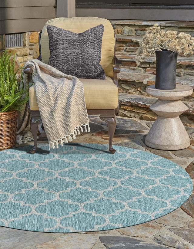 Aquamarine 13' 1 x 13' 1 Outdoor Trellis Round Area Rug Weather Resistant for Patio, Deck, Terrace, Balcony, Porch Geometric Design Water Safe Outside Carpet for Sale at Rug Engine