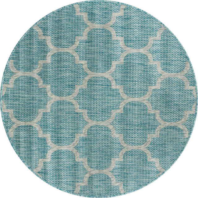 Aquamarine 4' 1 x 4' 1 Outdoor Trellis Round Area Rug Weather Resistant for Patio, Deck, Terrace, Balcony, Porch Geometric Design Water Safe Outside Carpet for Sale at Rug Engine