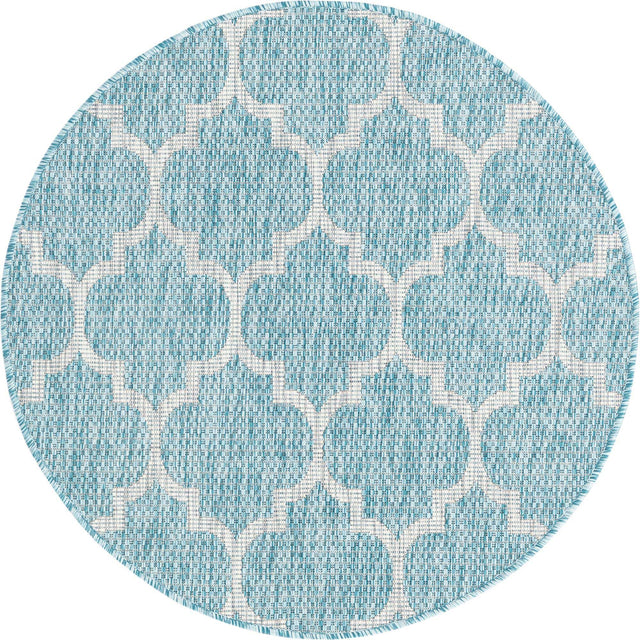 Aquamarine 3' 1 x 3' 1 Outdoor Trellis Round Area Rug Weather Resistant for Patio, Deck, Terrace, Balcony, Porch Geometric Design Water Safe Outside Carpet for Sale at Rug Engine