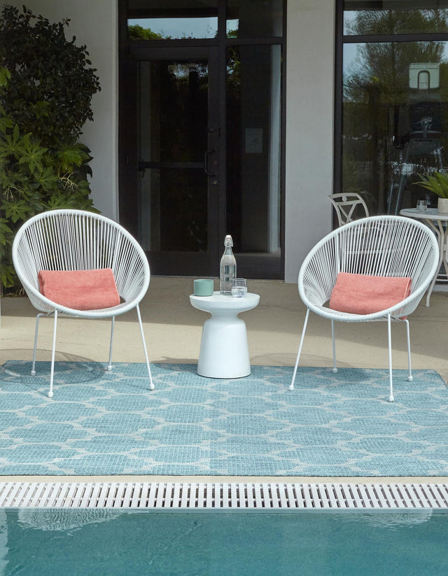 Aquamarine 5' 3 x 5' 3 Outdoor Trellis Square Area Rug Weather Resistant for Patio, Deck, Terrace, Balcony, Porch Geometric Design Water Safe Outside Carpet for Sale at Rug Engine