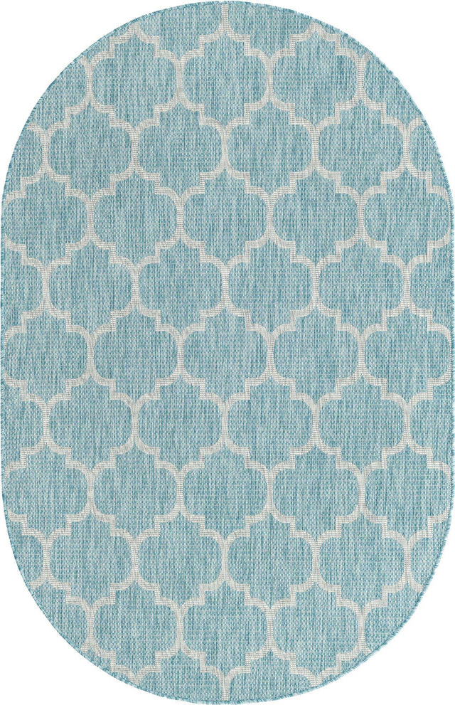 Aquamarine 5' 3 x 8' Outdoor Trellis Oval Area Rug Weather Resistant for Patio, Deck, Terrace, Balcony, Porch Geometric Design Water Safe Outside Carpet for Sale at Rug Engine