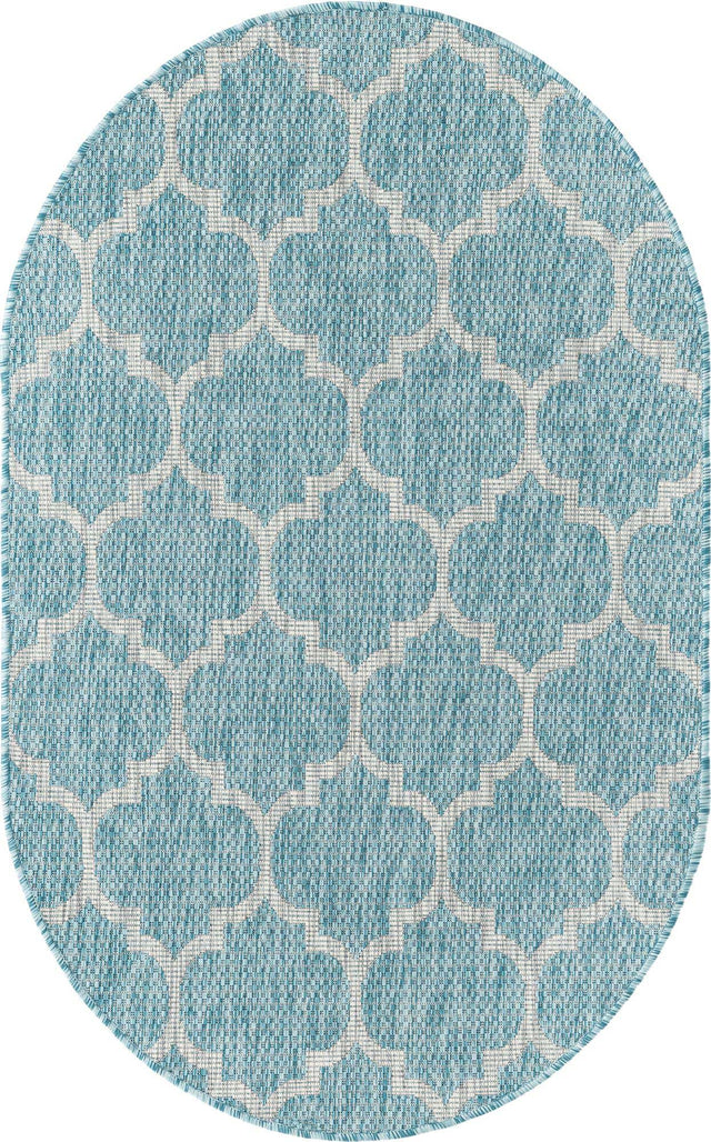 Aquamarine 3' 1 x 5' 3 Outdoor Trellis Oval Area Rug Weather Resistant for Patio, Deck, Terrace, Balcony, Porch Geometric Design Water Safe Outside Carpet for Sale at Rug Engine