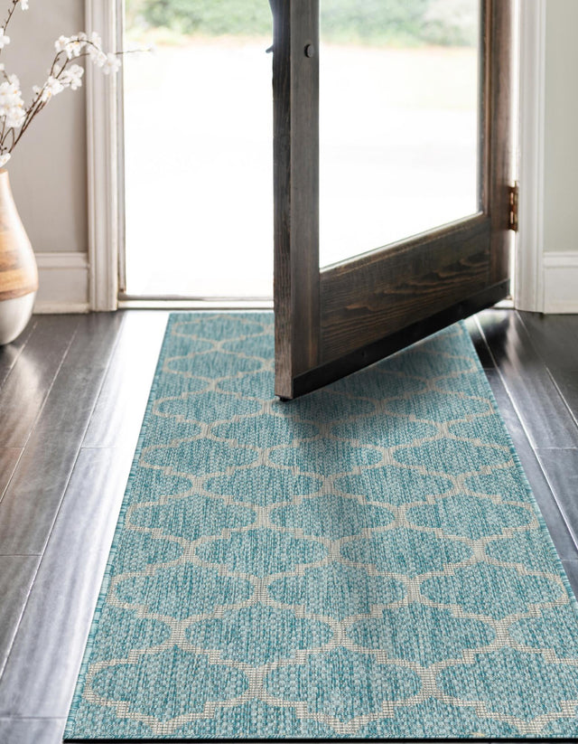 Aquamarine 2' x 6' 1 Outdoor Trellis Runner Area Rug Weather Resistant for Patio, Deck, Terrace, Balcony, Porch Geometric Design Water Safe Outside Carpet for Sale at Rug Engine