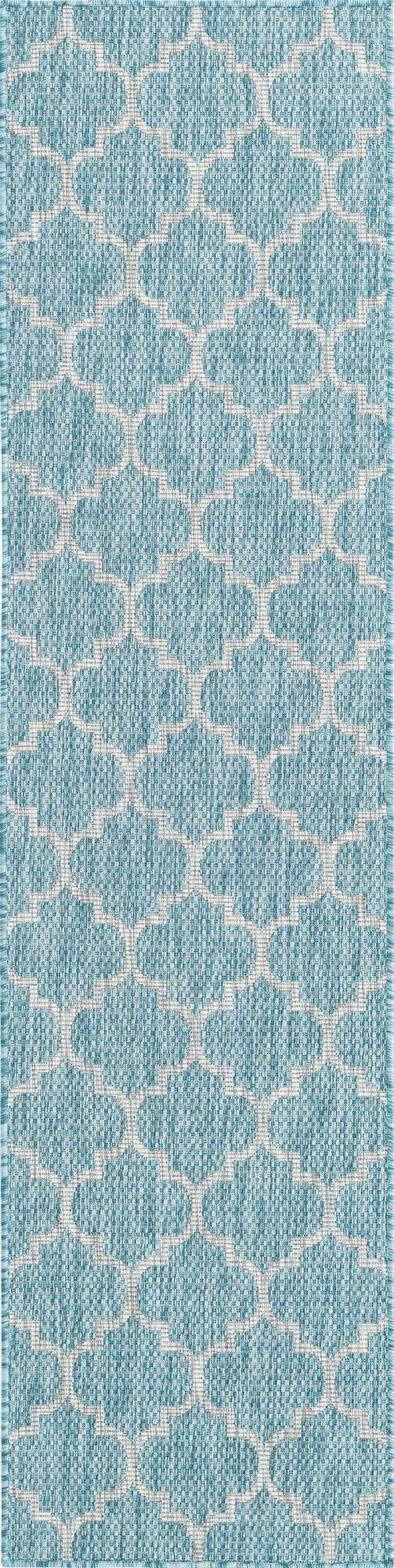 Aquamarine 2' x 8' Outdoor Trellis Runner Area Rug Weather Resistant for Patio, Deck, Terrace, Balcony, Porch Geometric Design Water Safe Outside Carpet for Sale at Rug Engine