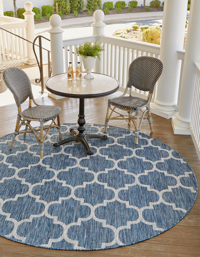 Navy Blue 3' 1 x 3' 1 Outdoor Trellis Round Area Rug Weather Resistant for Patio, Deck, Terrace, Balcony, Porch Geometric Design Water Safe Outside Carpet for Sale at Rug Engine