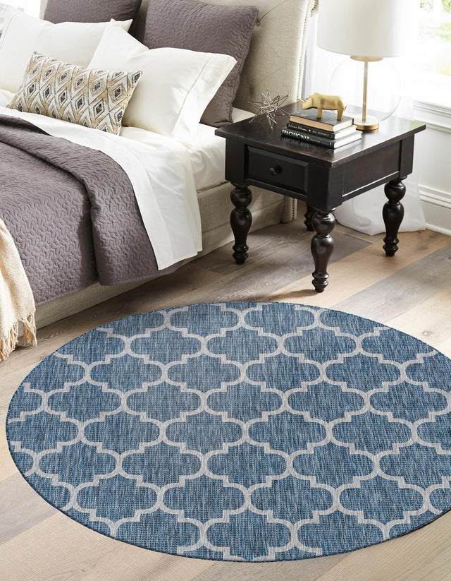 Navy Blue 3' 1 x 3' 1 Outdoor Trellis Round Area Rug Weather Resistant for Patio, Deck, Terrace, Balcony, Porch Geometric Design Water Safe Outside Carpet for Sale at Rug Engine