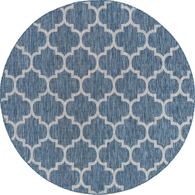 Navy Blue 7' 10 x 7' 10 Outdoor Trellis Round Area Rug Weather Resistant for Patio, Deck, Terrace, Balcony, Porch Geometric Design Water Safe Outside Carpet for Sale at Rug Engine