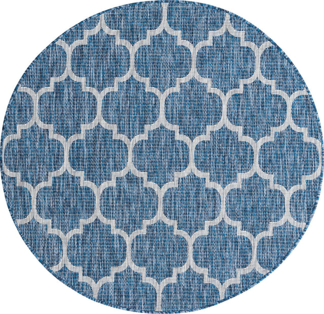 Navy Blue 5' 3 x 5' 3 Outdoor Trellis Round Area Rug Weather Resistant for Patio, Deck, Terrace, Balcony, Porch Geometric Design Water Safe Outside Carpet for Sale at Rug Engine