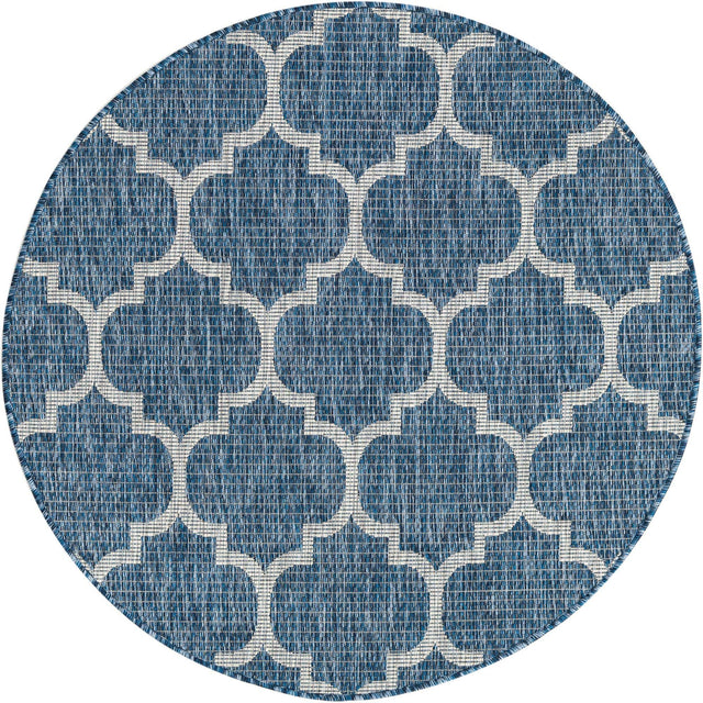 Navy Blue 4' 1 x 4' 1 Outdoor Trellis Round Area Rug Weather Resistant for Patio, Deck, Terrace, Balcony, Porch Geometric Design Water Safe Outside Carpet for Sale at Rug Engine