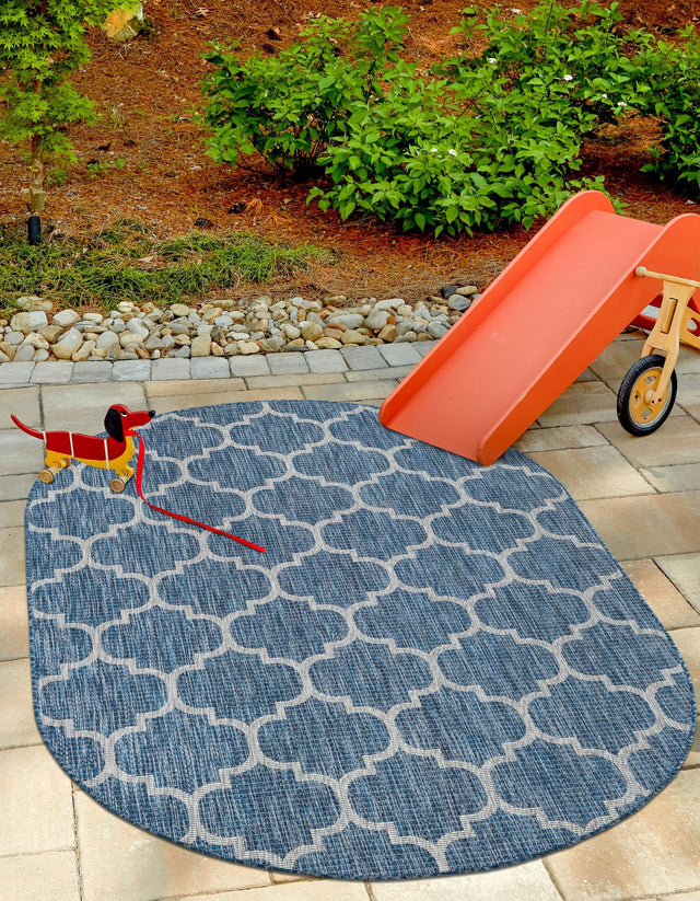 Navy Blue 7' 10 x 10' Outdoor Trellis Oval Area Rug Weather Resistant for Patio, Deck, Terrace, Balcony, Porch Geometric Design Water Safe Outside Carpet for Sale at Rug Engine