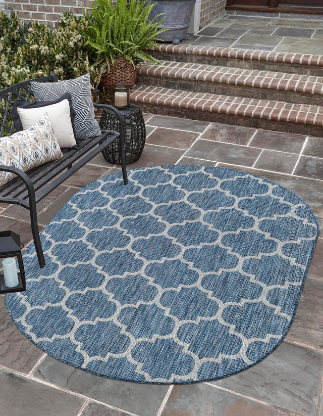 Navy Blue 7' 10 x 10' Outdoor Trellis Oval Area Rug Weather Resistant for Patio, Deck, Terrace, Balcony, Porch Geometric Design Water Safe Outside Carpet for Sale at Rug Engine