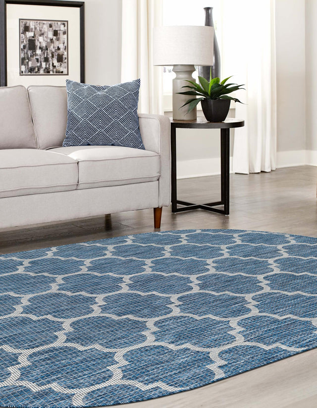 Navy Blue 7' 10 x 10' Outdoor Trellis Oval Area Rug Weather Resistant for Patio, Deck, Terrace, Balcony, Porch Geometric Design Water Safe Outside Carpet for Sale at Rug Engine