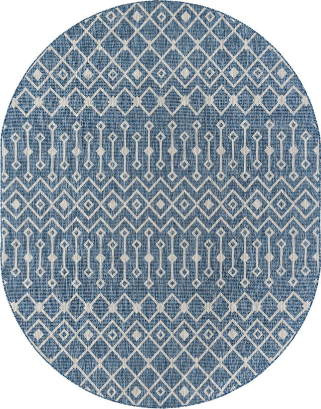 Blue 7' 10 x 10' Outdoor Trellis Oval Area Rug Weather Resistant for Patio, Deck, Terrace, Balcony, Porch Geometric Design Water Safe Outside Carpet for Sale at Rug Engine