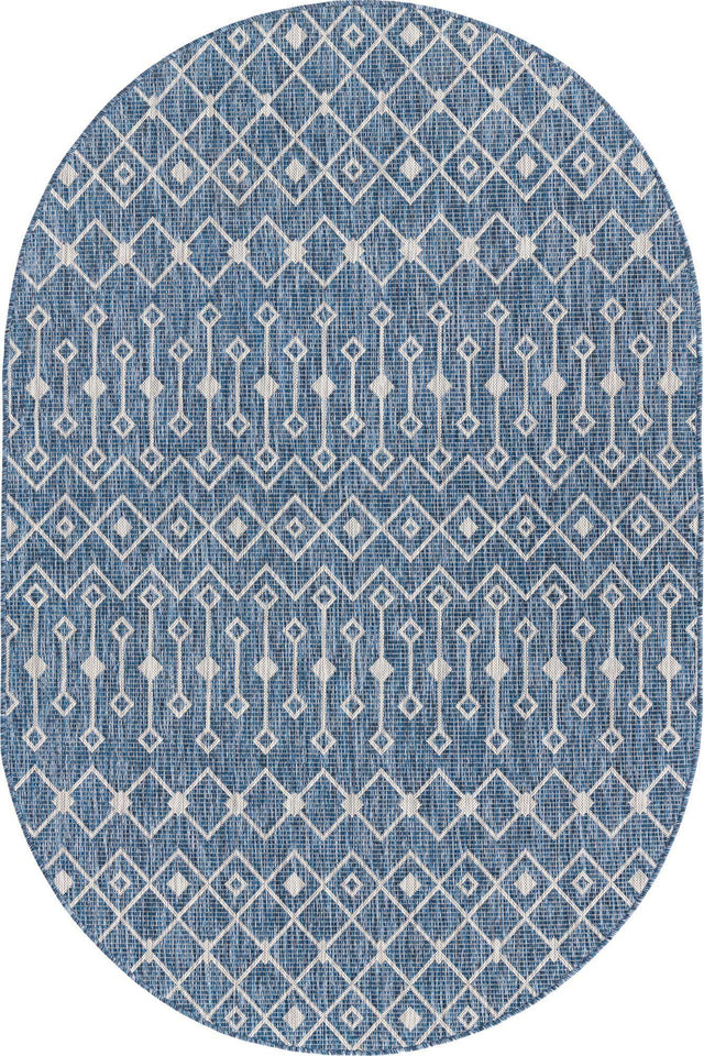 Blue 5' 3 x 8' Outdoor Trellis Oval Area Rug Weather Resistant for Patio, Deck, Terrace, Balcony, Porch Geometric Design Water Safe Outside Carpet for Sale at Rug Engine