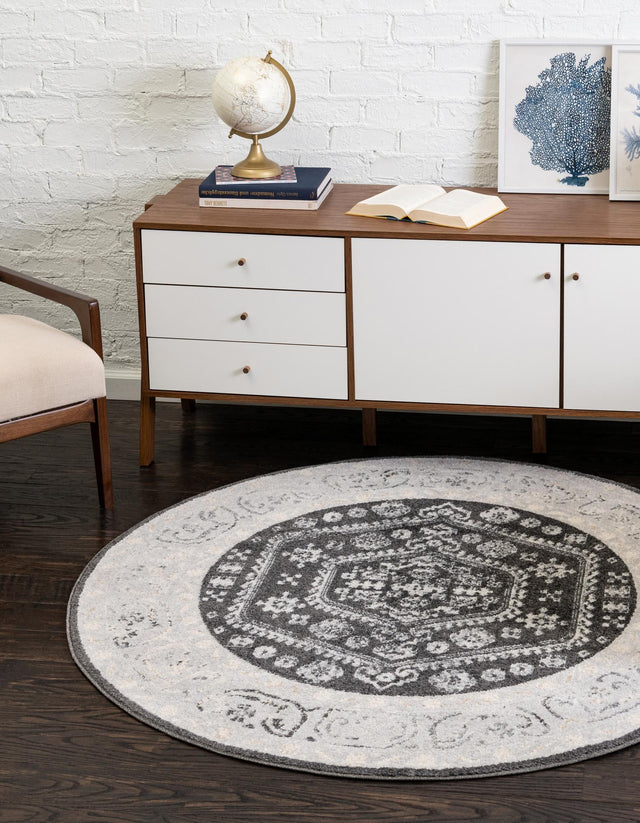 Charcoal 5' x 5' Aurelia Round Area Rug 100% Polypropylene & Jute Backing Living Dining Room Bedroom Office Traditional Carpet for Sale at Rug Engine