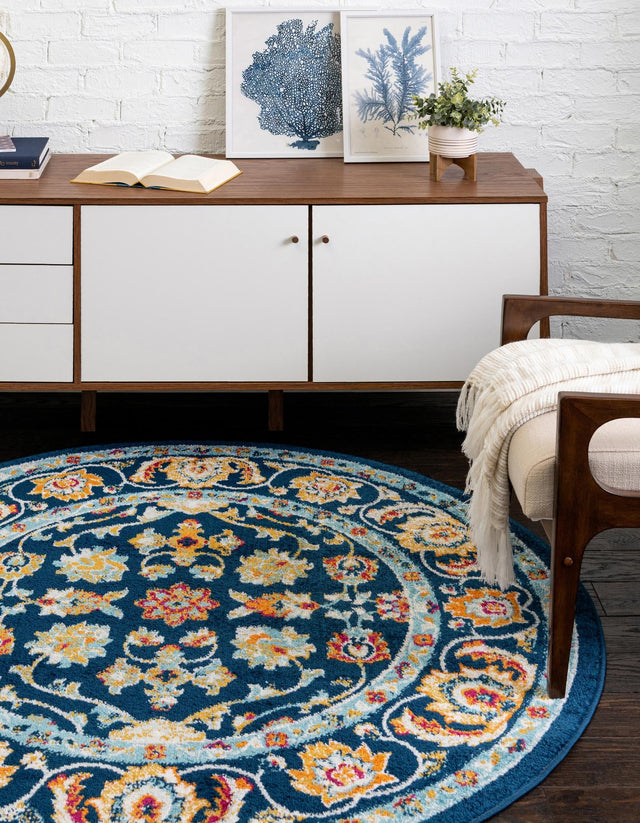 Navy Blue 7' x 7' Aurelia Round Area Rug 100% Polypropylene & Jute Backing Living Dining Room Bedroom Office Traditional Carpet for Sale at Rug Engine