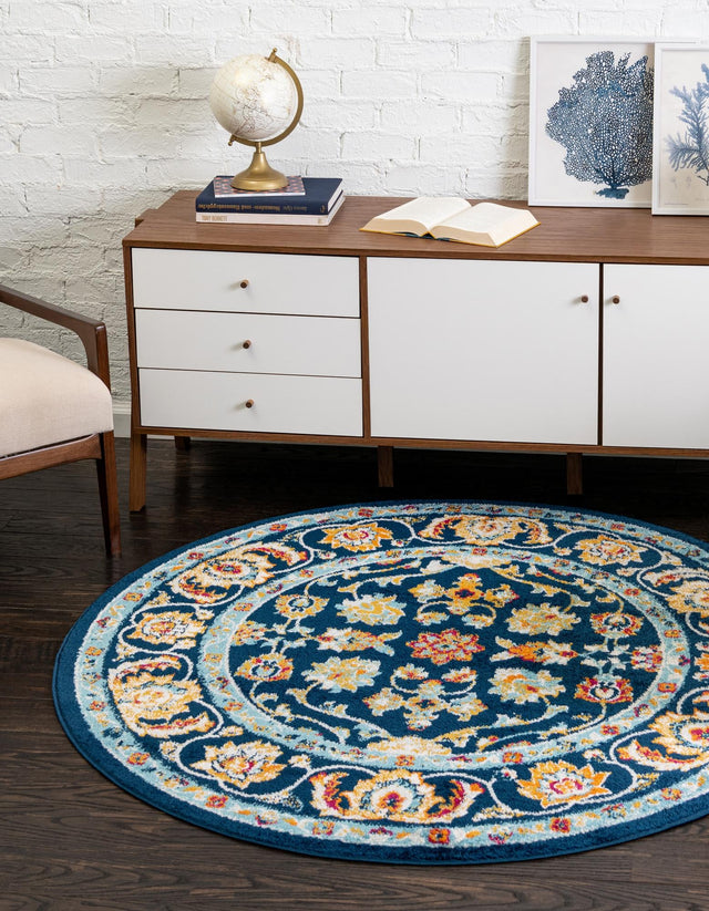 Navy Blue 7' x 7' Aurelia Round Area Rug 100% Polypropylene & Jute Backing Living Dining Room Bedroom Office Traditional Carpet for Sale at Rug Engine