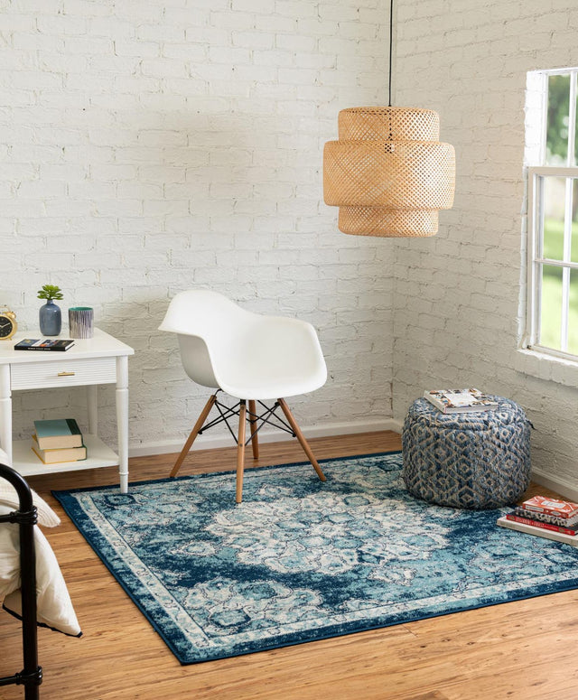Navy Blue 5' x 5' Parker Square Area Rug Traditional Motif Classic Design Stain Resistant Carpet for Living, Dining, Bedrooms, Kitchen, Office for Sale at Rug Engine