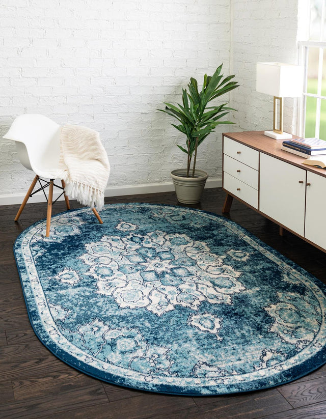 Navy Blue 4' x 6' Parker Oval Area Rug Traditional Motif Classic Design Stain Resistant Carpet for Living, Dining, Bedrooms, Kitchen, Office for Sale at Rug Engine