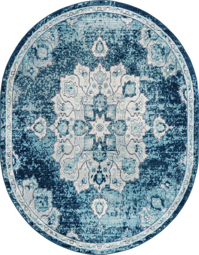 Navy Blue 7' 10 x 10' Parker Oval Area Rug Traditional Motif Classic Design Stain Resistant Carpet for Living, Dining, Bedrooms, Kitchen, Office for Sale at Rug Engine