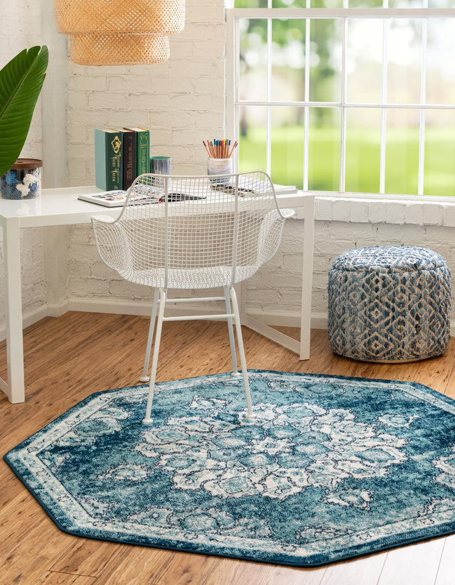 Navy Blue 7' 10 x 7' 10 Parker Octagon Area Rug Traditional Motif Classic Design Stain Resistant Carpet for Living, Dining, Bedrooms, Kitchen, Office for Sale at Rug Engine