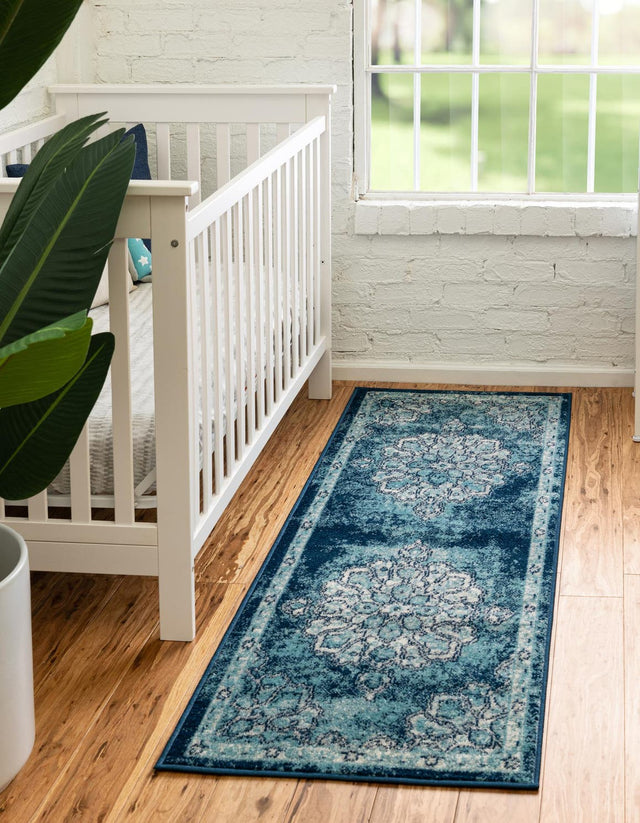 Navy Blue 2' 7 x 12' Parker Runner Area Rug Traditional Motif Classic Design Stain Resistant Carpet for Living, Dining, Bedrooms, Kitchen, Office for Sale at Rug Engine